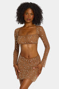 Sheer Embellished Long Sleeve Crop Top in Mocha