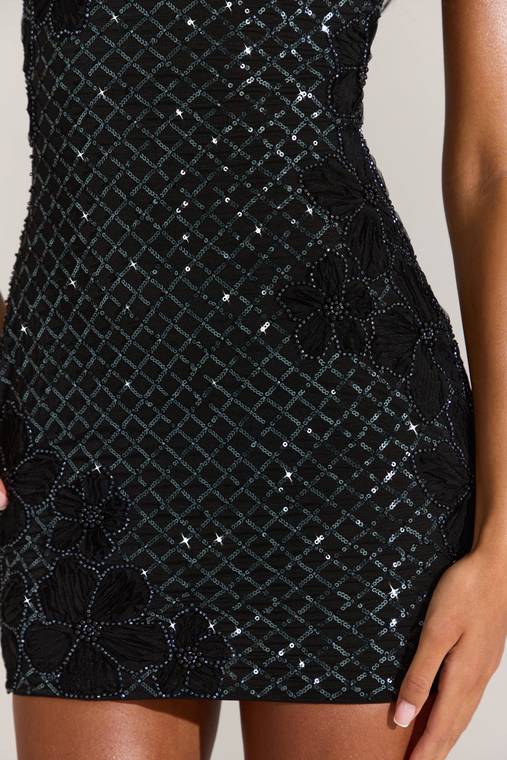 Embellished Square-Neck Mini Dress in Black