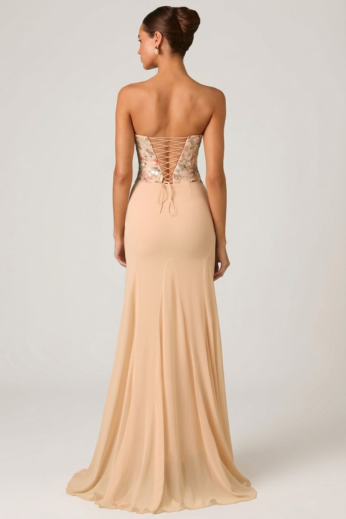 Embellished Corset Fishtail Gown in Floral Beige