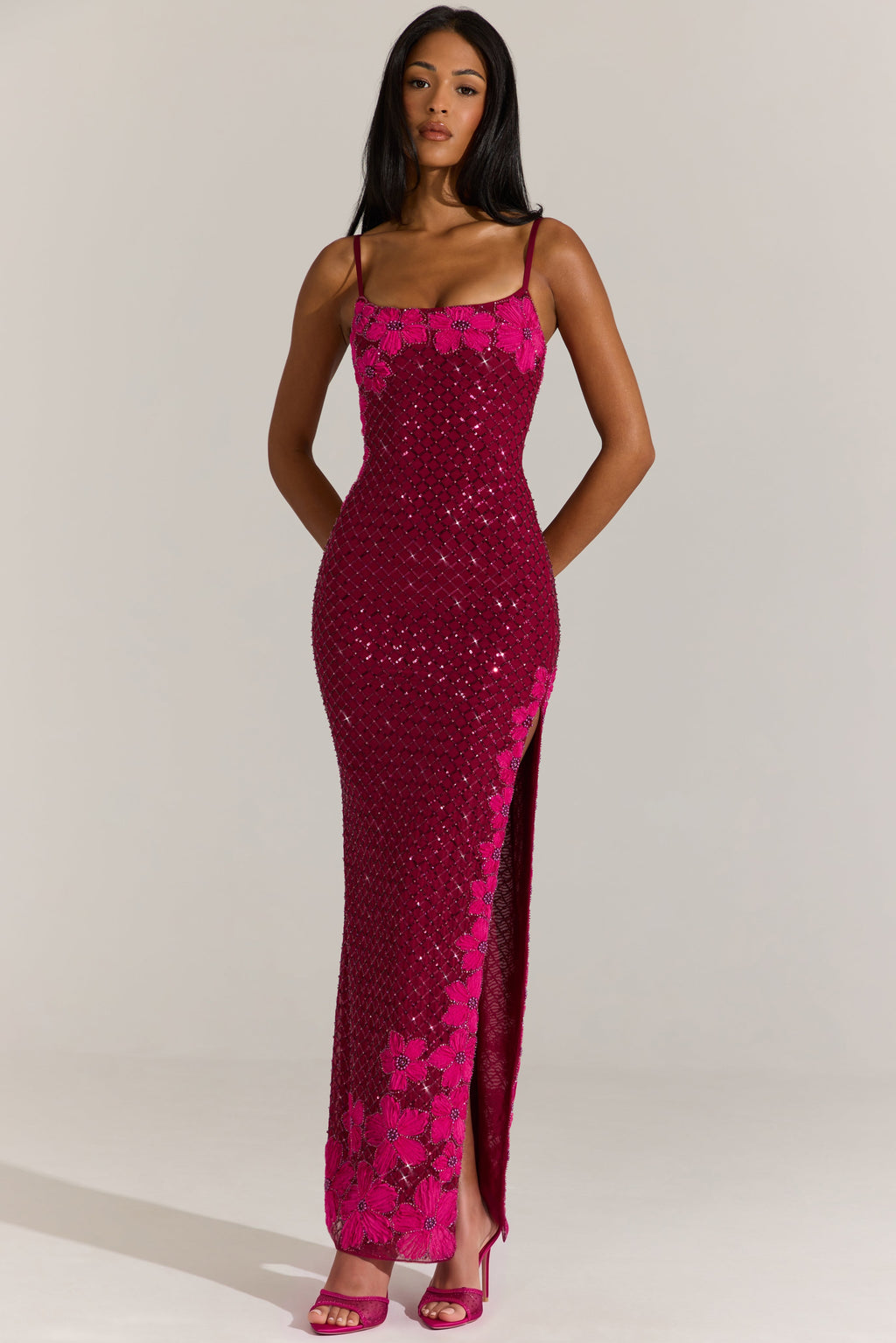 Embellished Square-Neck Maxi Dress in Cranberry