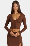 Modal Lace-Trim Cropped Cardigan  in Cocoa Brown