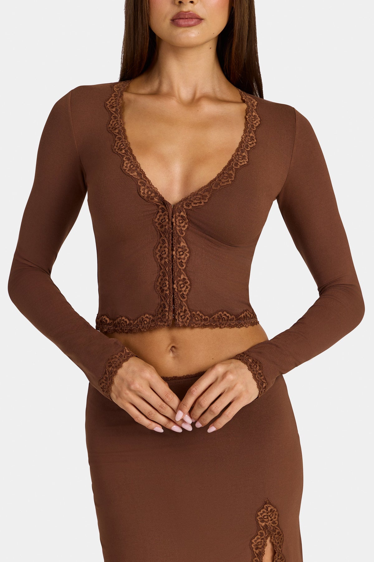 Modal Lace-Trim Cropped Cardigan  in Cocoa Brown