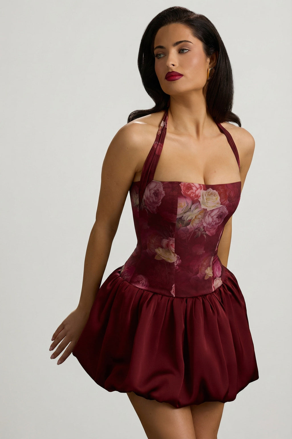 Halterneck Lace-Up Bubble Hem Mini Dress in Maroon Floral Print