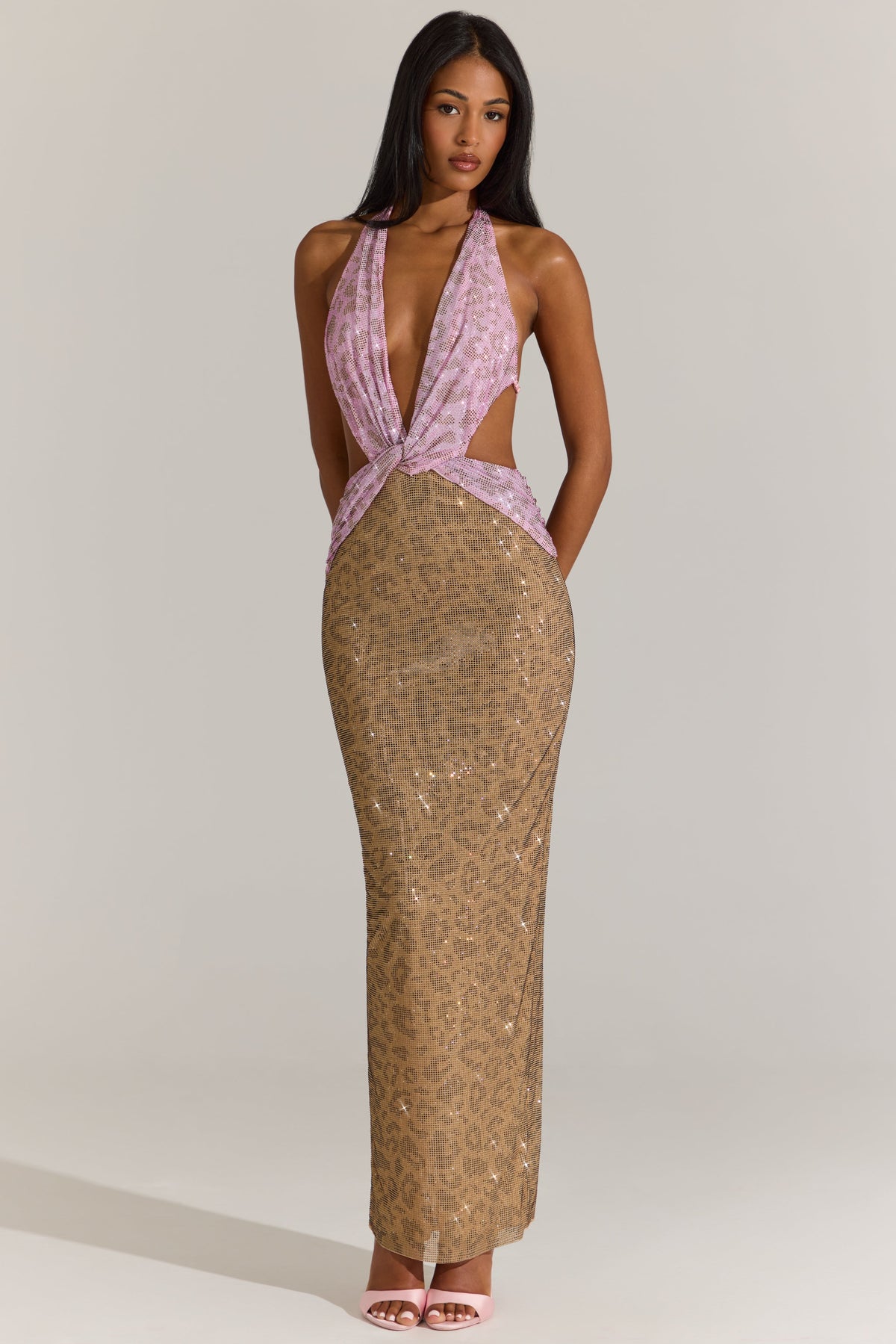 Embellished Cut-Out Maxi Dress in Pink Leopard