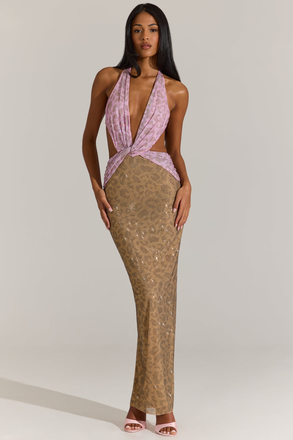 Embellished Cut-Out Maxi Dress in Pink Leopard