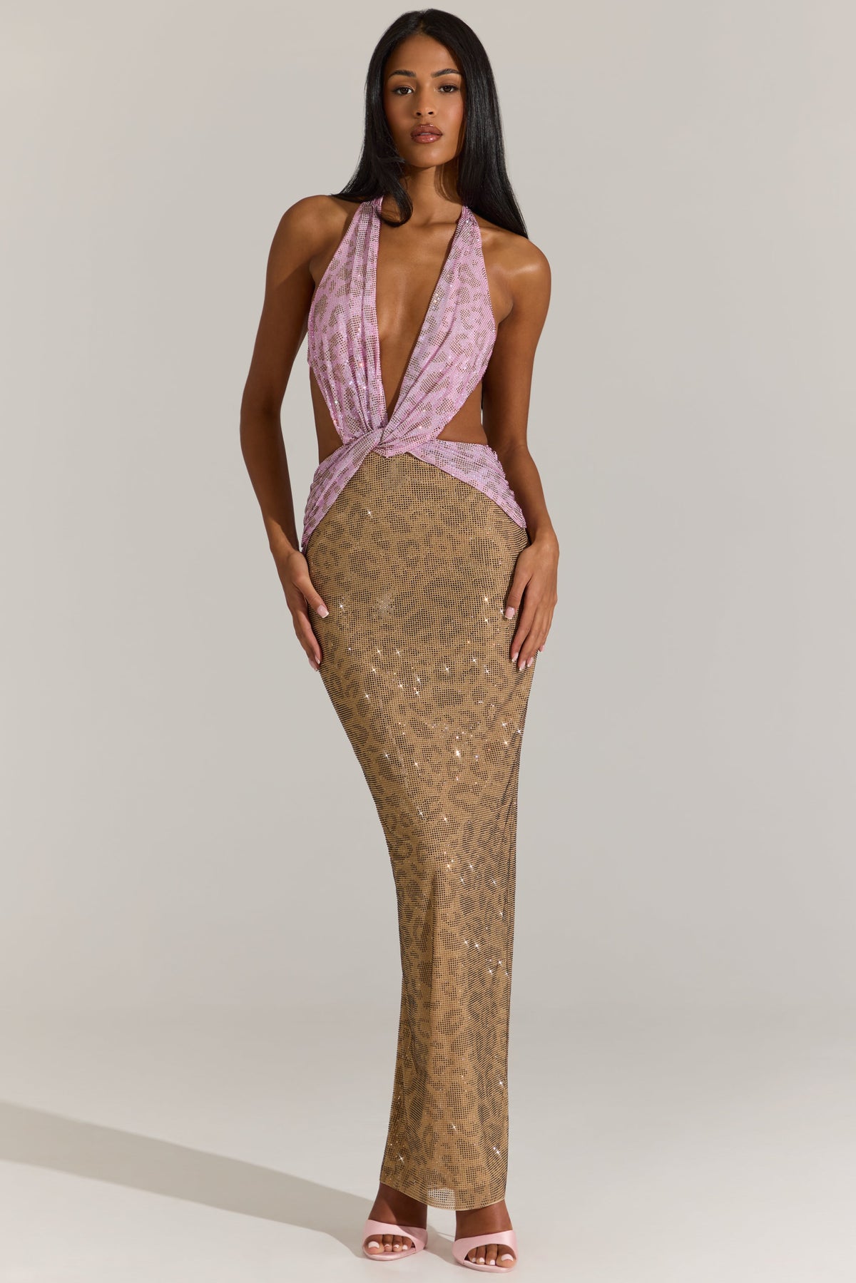 Embellished Cut-Out Maxi Dress in Pink Leopard
