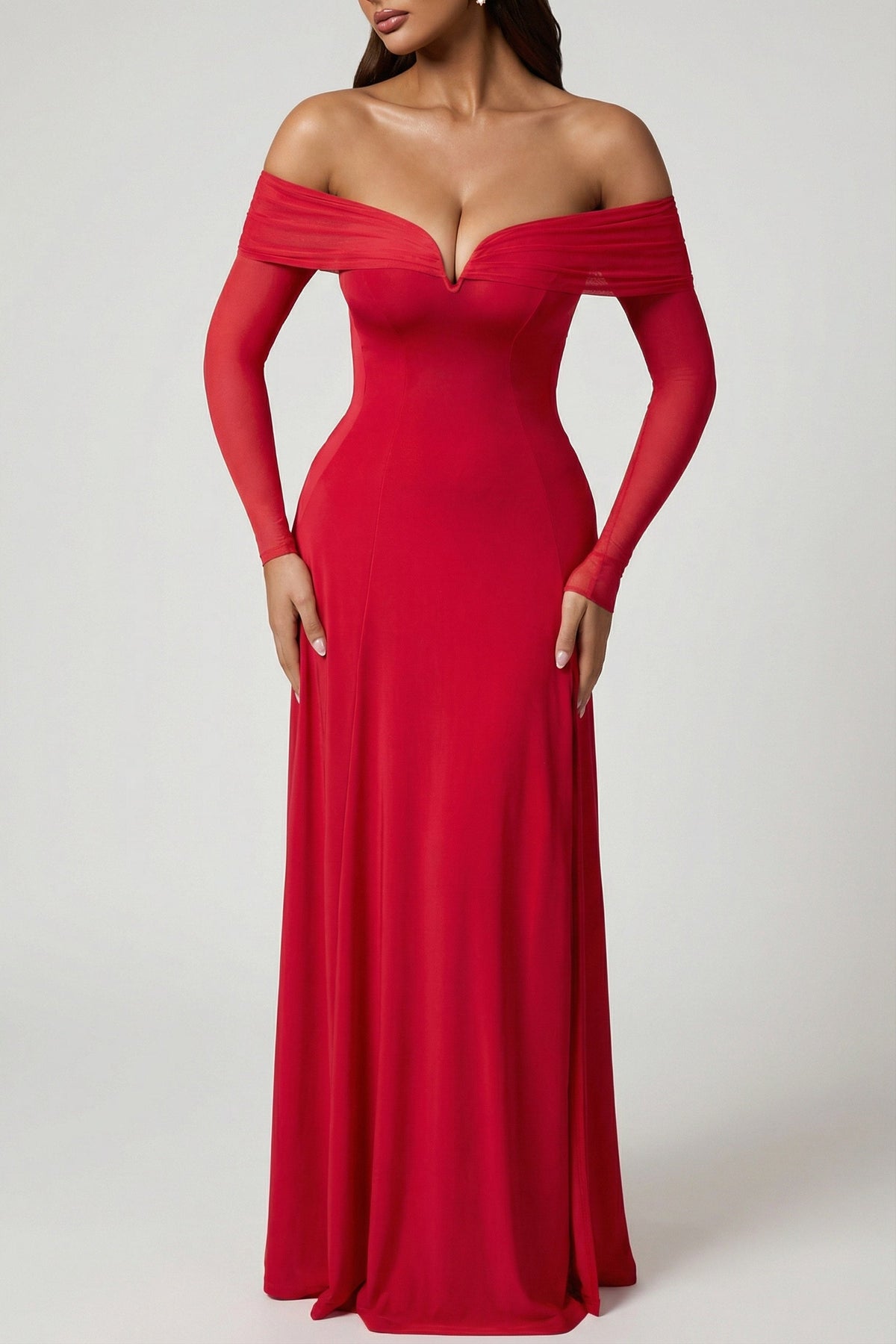 Off-Shoulder Lace-Up A-Line Midaxi Dress in Red