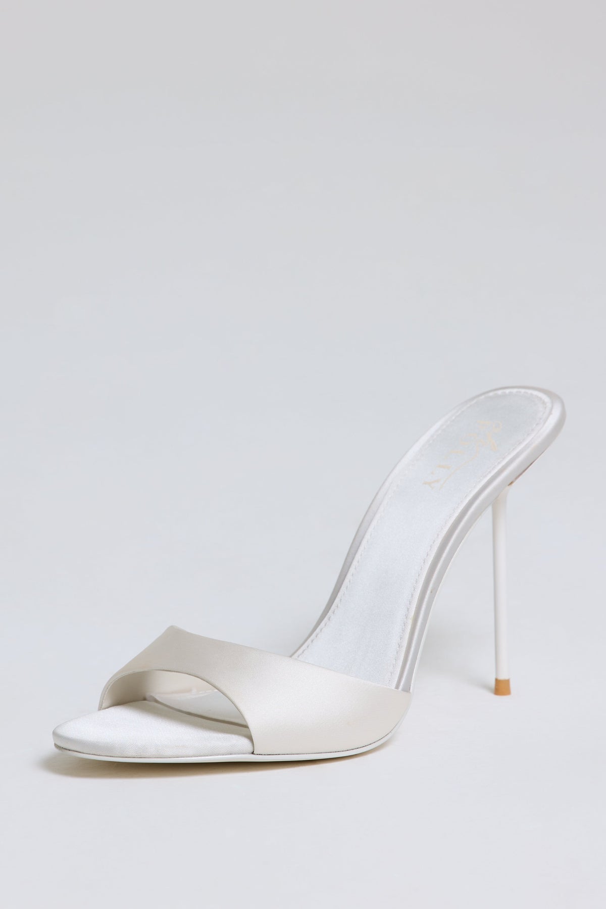 Satin Heeled Mule Sandal in Pearl White