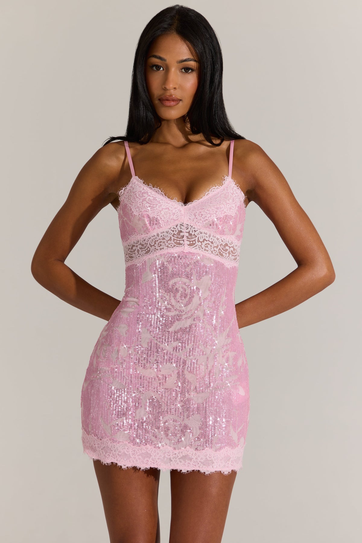 Embellished Lace-Trim Mini Dress in Blossom Pink