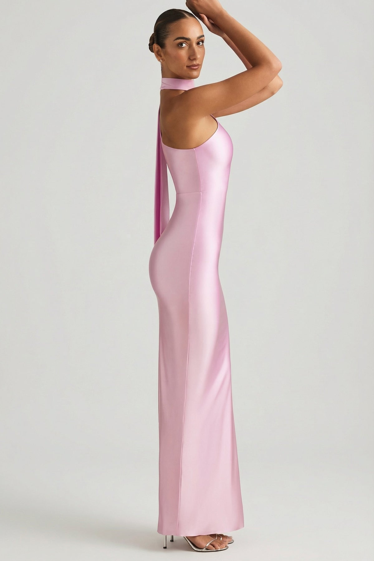 Asymmetric Scarf-Detail Maxi Dress in Candyfloss Pink