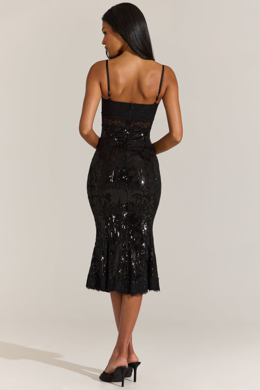 Embellished Lace-Trim Midi Dress in Black