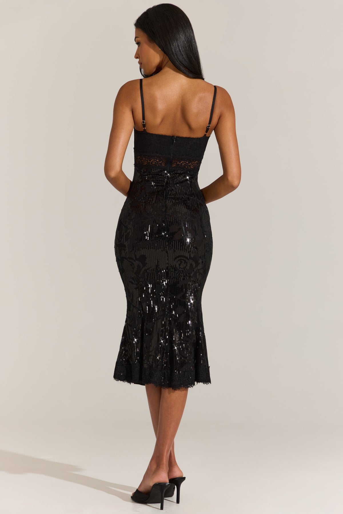 Embellished Lace-Trim Midi Dress in Black