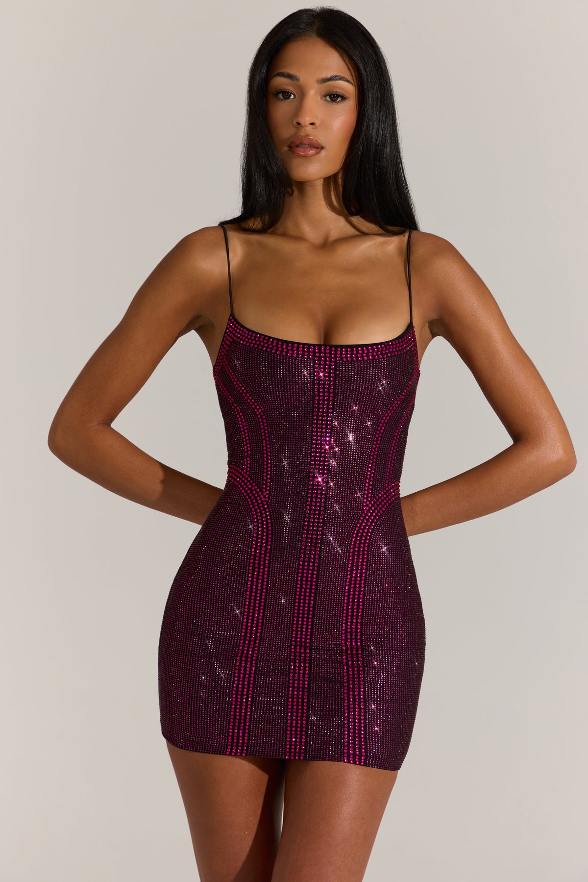 Embellished Scoop-Neck Mini Dress in Fuchsia Pink