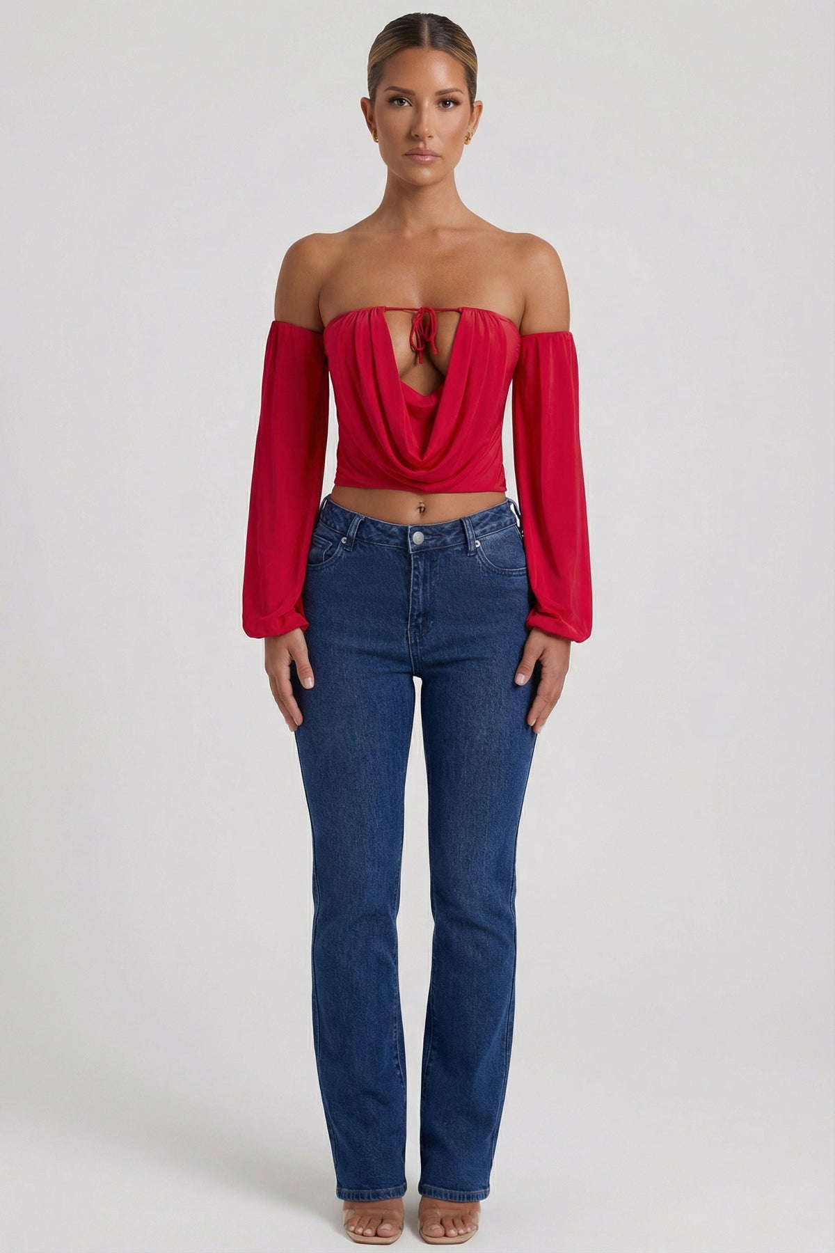 Off-Shoulder Draped Balloon-Sleeve Top in Red