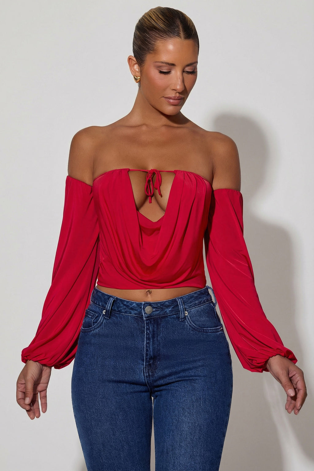 Off-Shoulder Draped Balloon-Sleeve Top in Red