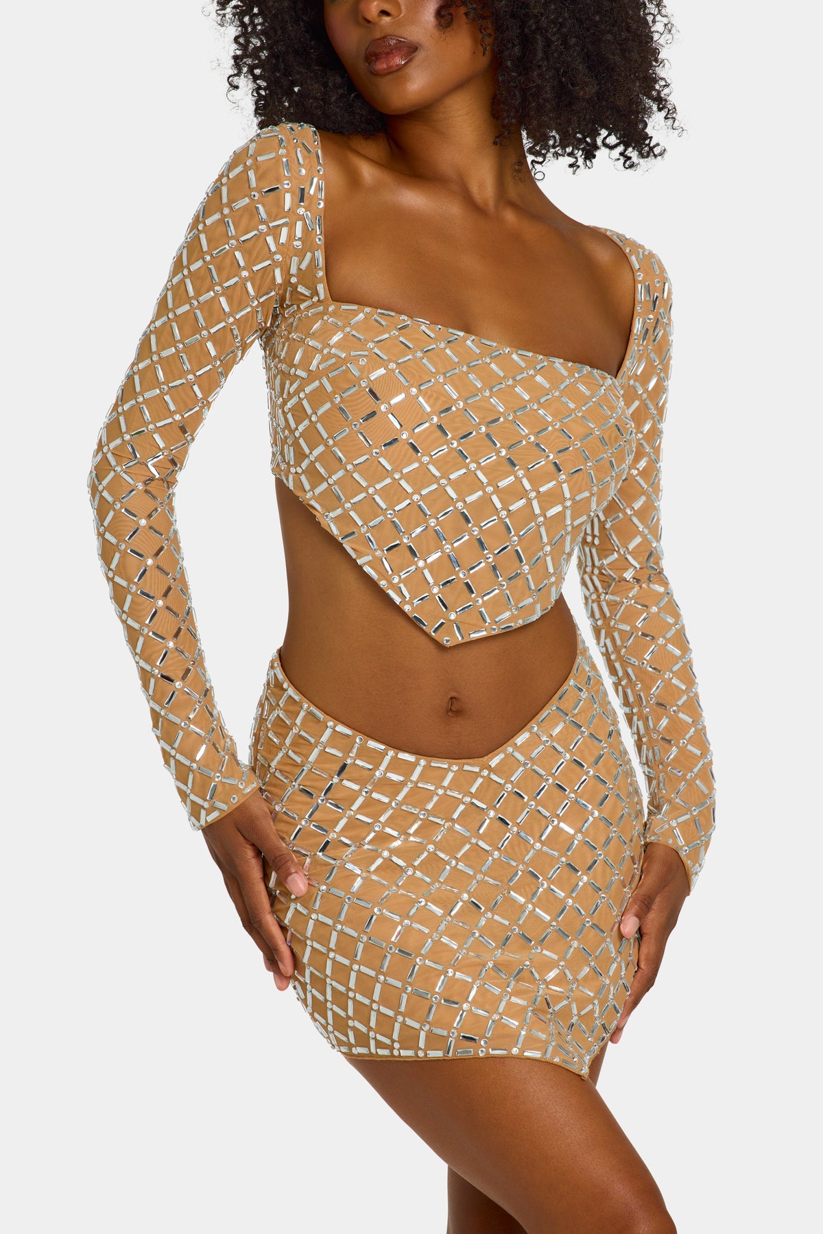 Embellished Asymmetric Mid-Rise Mini Skirt in Honey