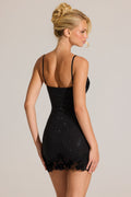 Embellished Lace-Trim Mini Dress in Black