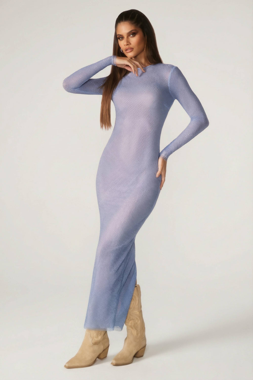 Embellished Long Sleeve Maxi Dress in Blue