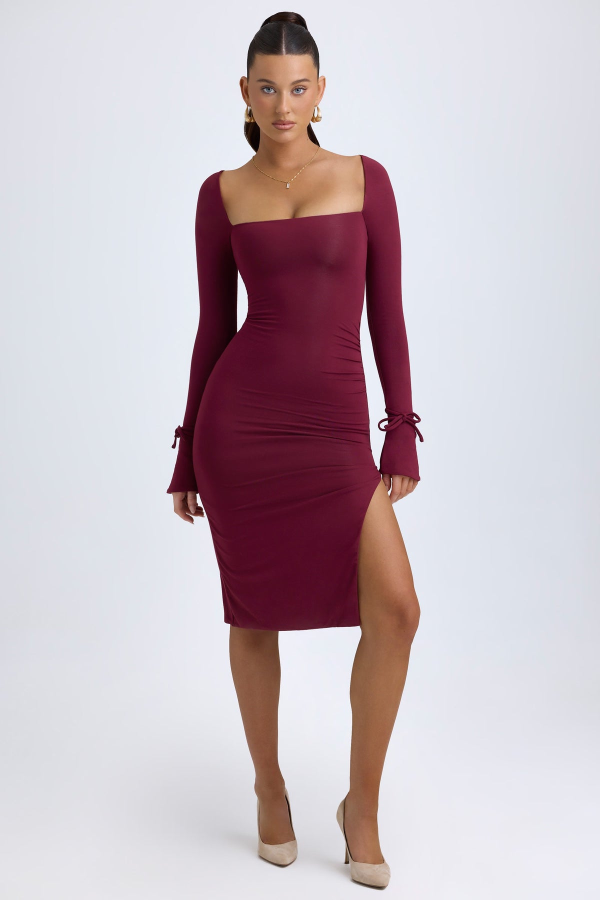Modal Square-Neck Long-Sleeve Midi Dress in Wine Red